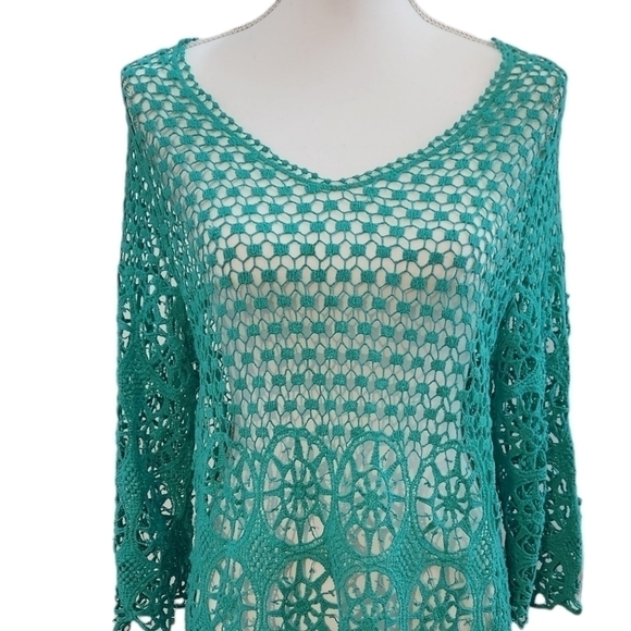 Blue Island Women's Teal Lace Crochet Beach Coverup or Shirt Large / X-Large - Picture 3 of 9
